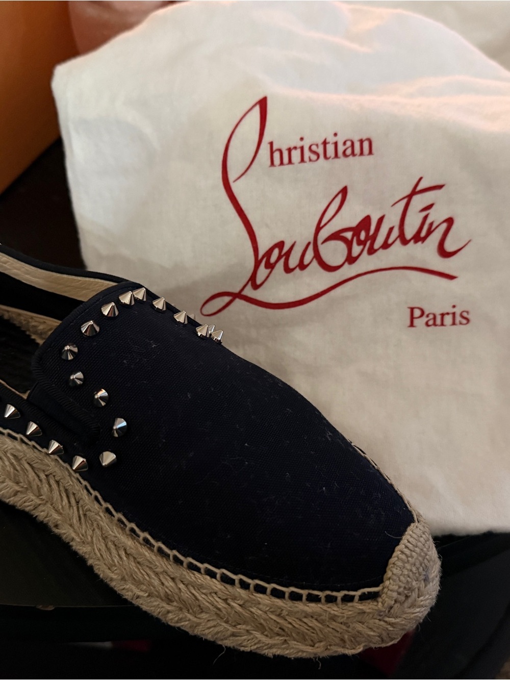 Christian Louboutin Navy Canvas Studded Espadrille
